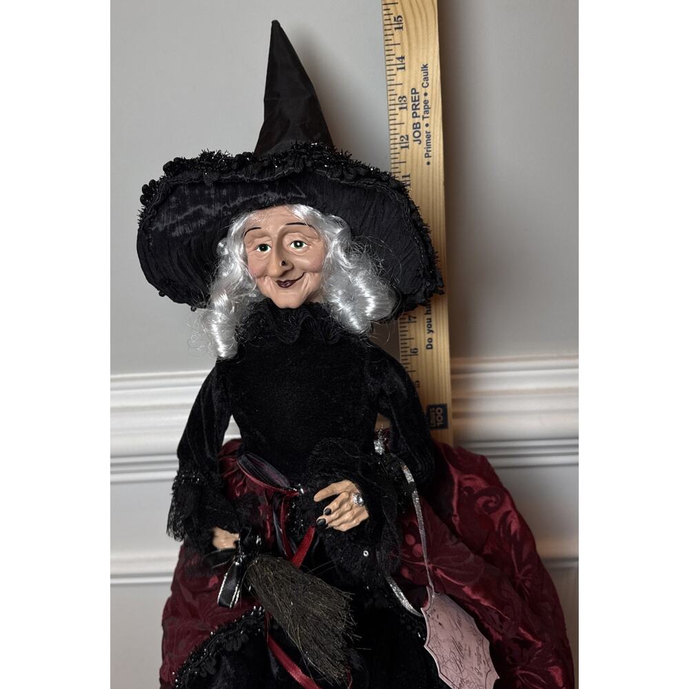 Bella Lux Halloween Witch Doll 25” Burgundy Black Broom Large Decor - Picture 9 of 11